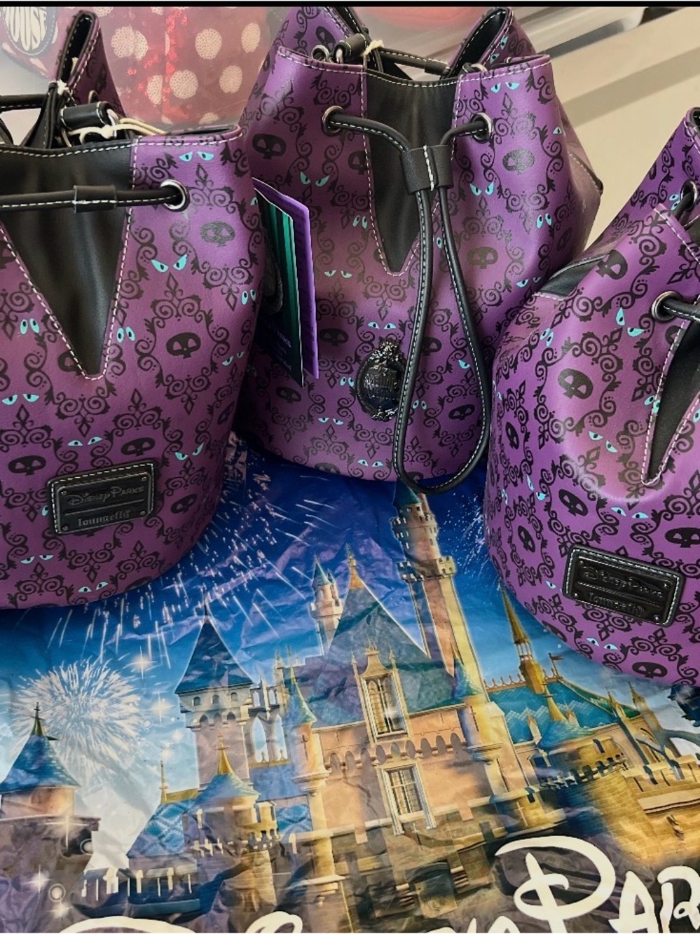 Disney Parks Loungefly Purple Haunted Mansion  Drawstring Bucket Shoulder Bag